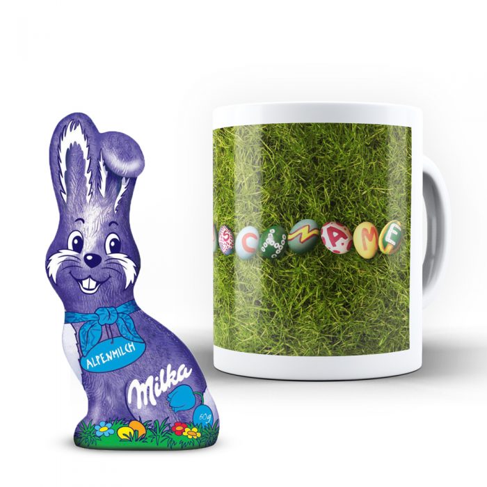 Tasse mit Namen zum Osterfest + Milka Schmunzelhase (60g)