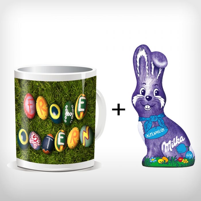 Tasse mit Namen zum Osterfest + Milka Schmunzelhase (60g)